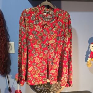Notations Red and Silver Leaf Print Blouse